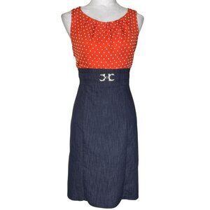 Dressbarn Orange Pleated Sleeveless Swiss Dot Denim Skirt Buckle Accent Dress 6
